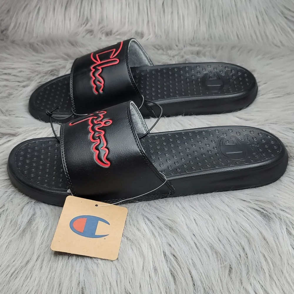 Champion Super Slide Split Script Logo Black Red Sandals